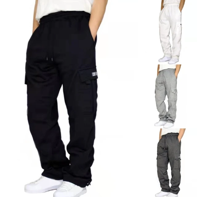 Masculino fleece cargo sweatpants drawstring cintura bolsos laterais calças  retas jogger - AliExpress