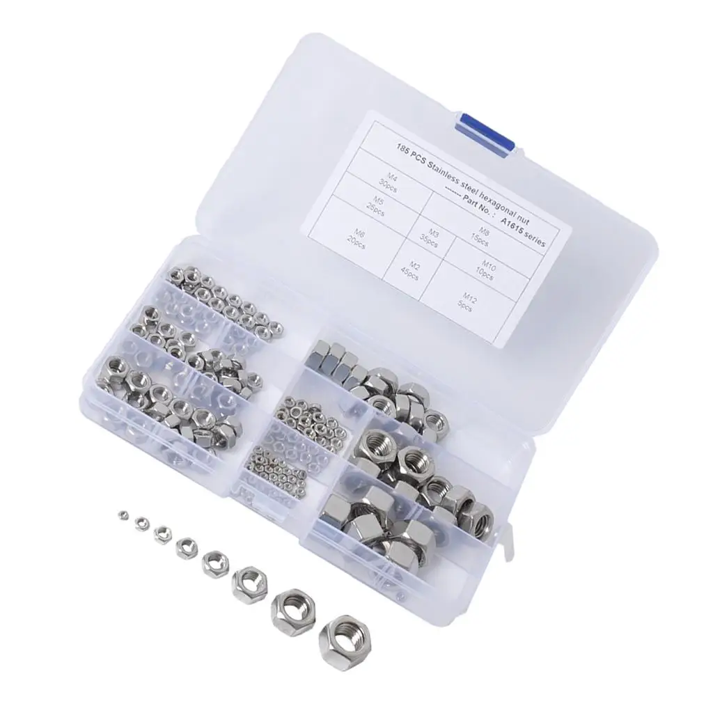 185pcs Metric M2 M3 M4 M5 M6 M8 M10 M12 304 Stainless Steel Nut in the Case