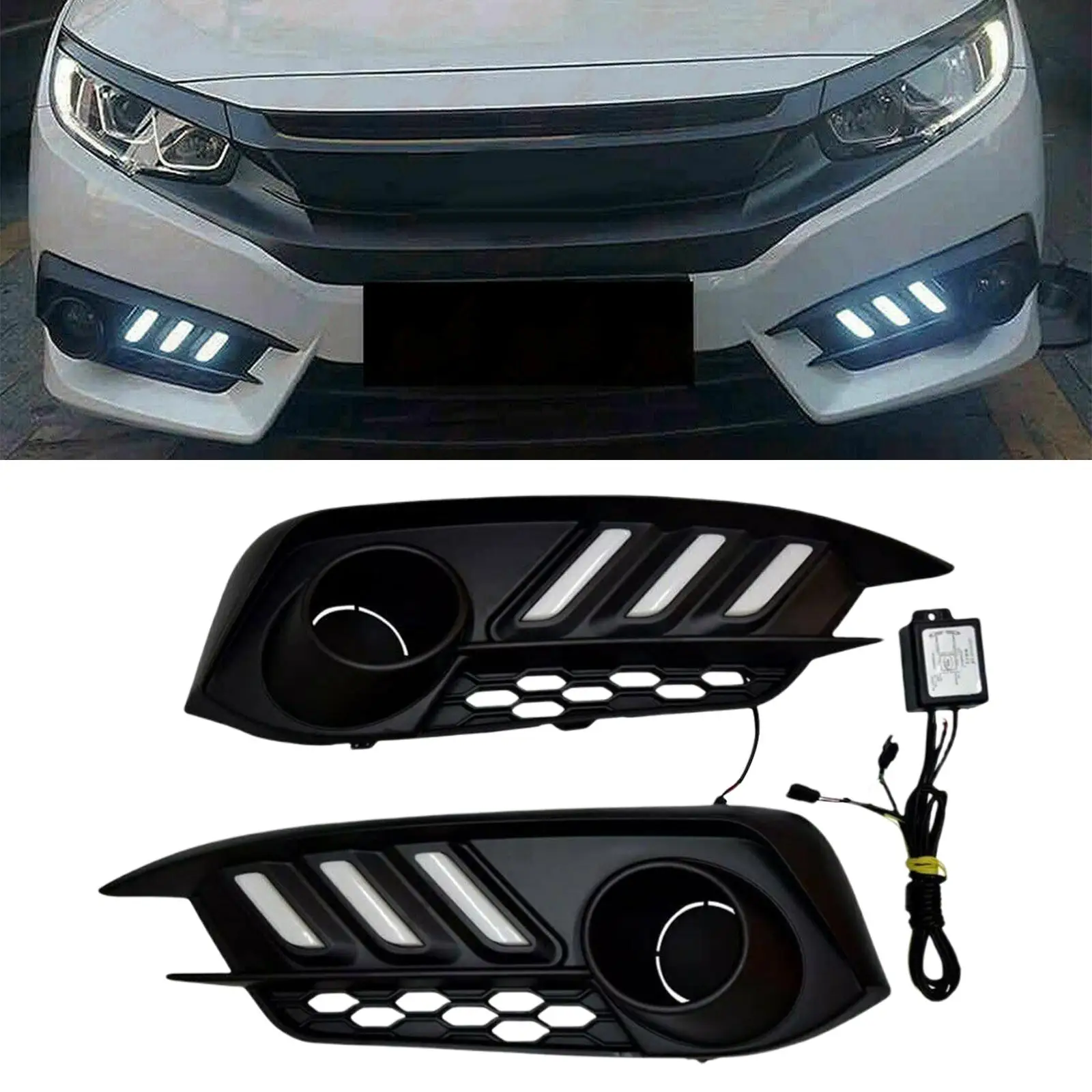 1 Pair LED Daytime Running Light Replacement with Turn Signal Lights 12V Assembly Fog Lamps Drl Fit for Honda Civic 2016-2018