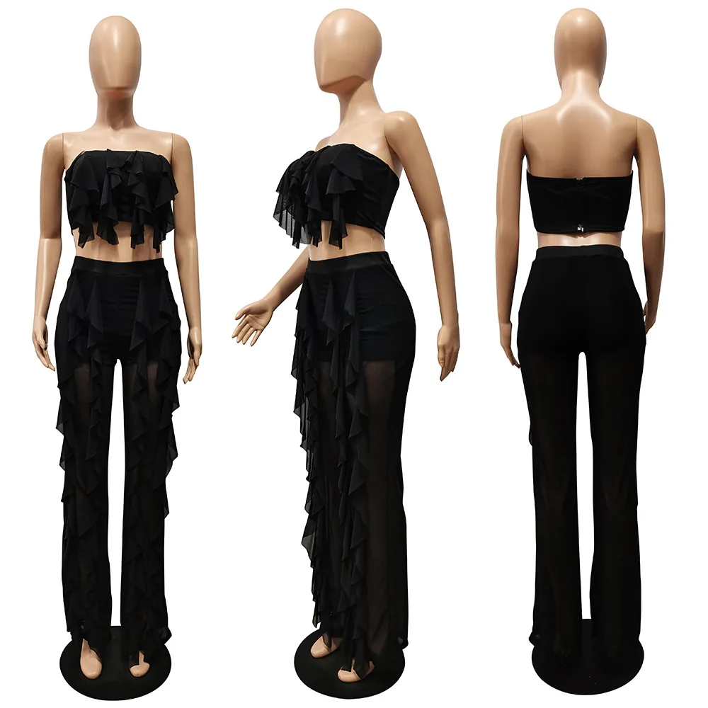 Adogirl Summer Sexy 2 Two Piece Sets Women Backles Crop Top + Long Pants Suit Solid Edible Tree Fungus Matching Sets Ourfit 2022 womens black suit set