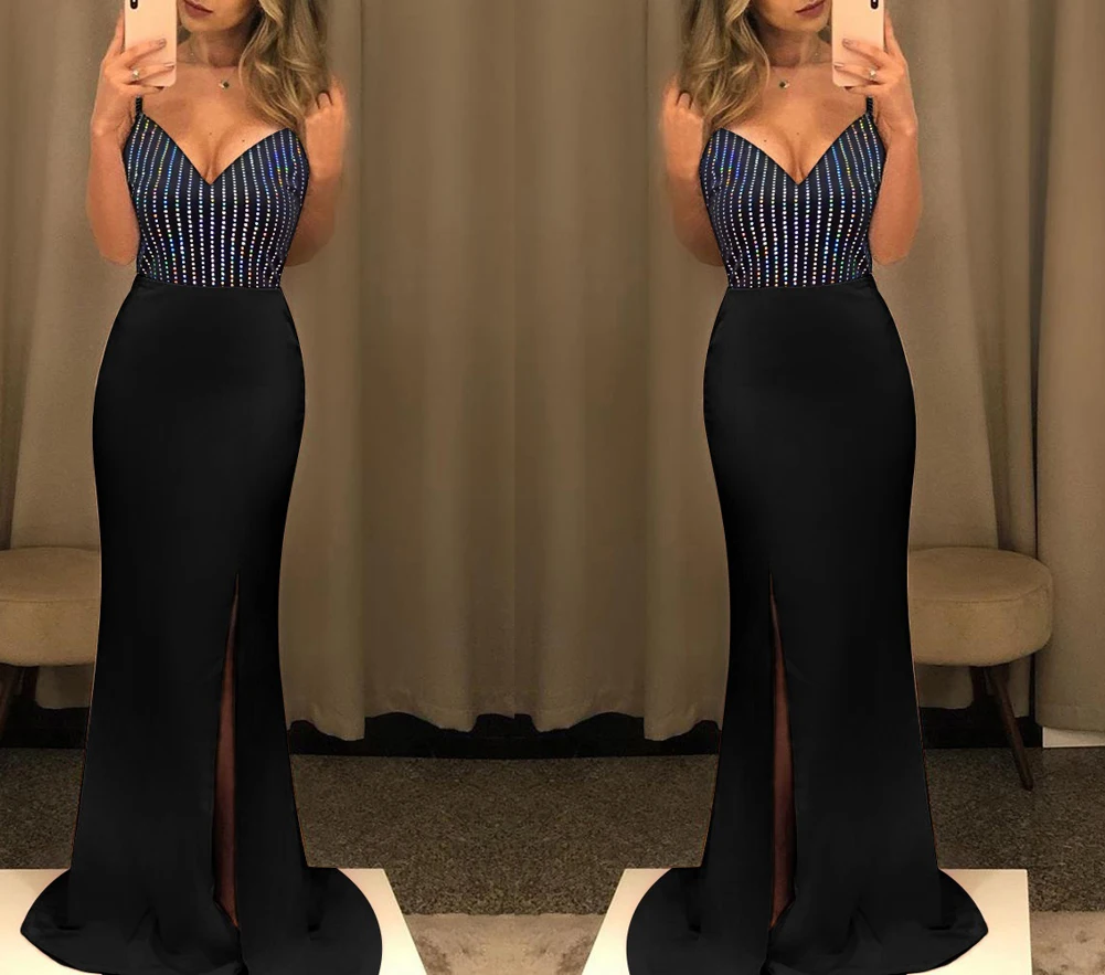 Fashion Women Sequins Long Dress Evening Cocktail Bodycon Party Ball Gown Formal Office Lady Sexy Backless Deep V neck Dresses