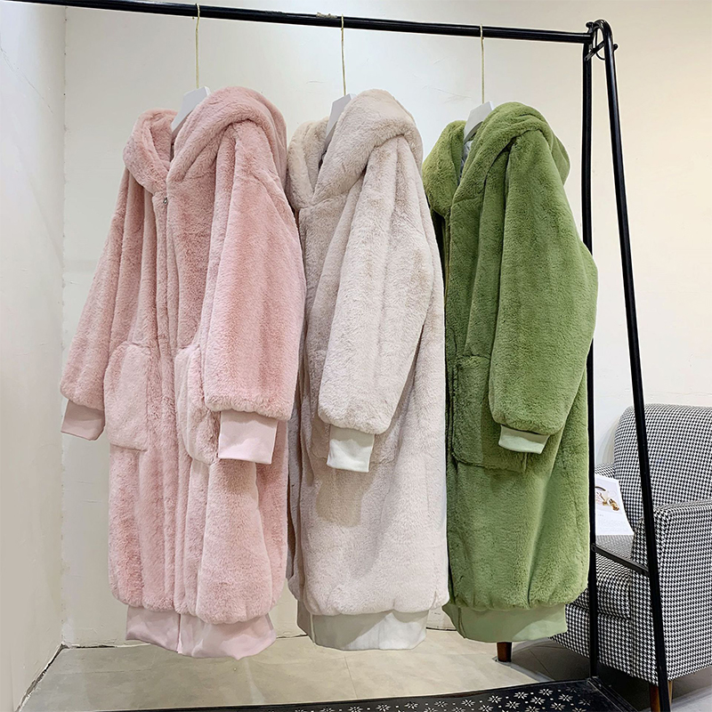 Winter Fashion Runaway Luxury Brand Long Faux Fur Coat Women Jacket Zip Hooded Thick Warm Fake Rabbit Fur Plush Overcoats