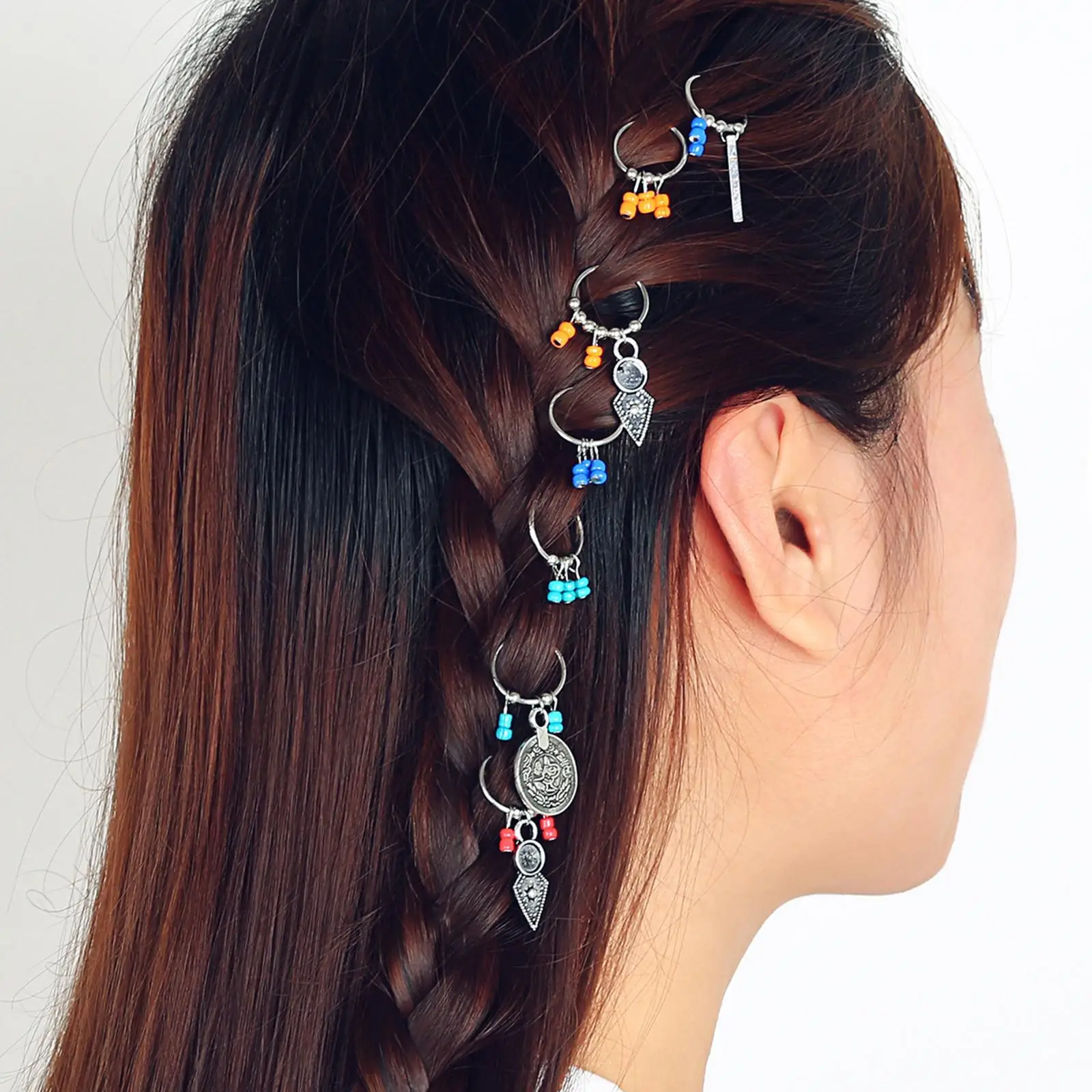 7 Pieces Fashion Hair Braid Ring Boho Adjustable Chic Alloy Beads Pendants Clips for Festivals Party Halloween Women Girls