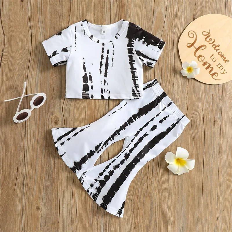 baby clothes mini set Summer Baby Girls Casual 2Pcs Pants Suit Toddler Tie-dyed Print T-shirt + Bell Bottom Trousers Pants Toddler Clothing Set Baby Clothing Set for girl