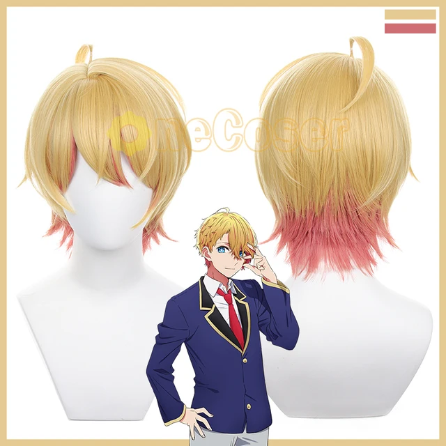 Yellow and Pink mixed Straight Short Wig for Aquamarine Hoshino Cosplay  From Anime Oshi no Ko Synthetic Heat-Resistant Hair