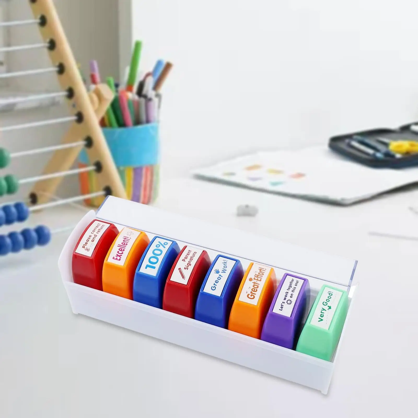 8 Pieces Teacher Stamps Set Motivational Parent  Colorful Set for Classroom Reward Grading School Encouragement