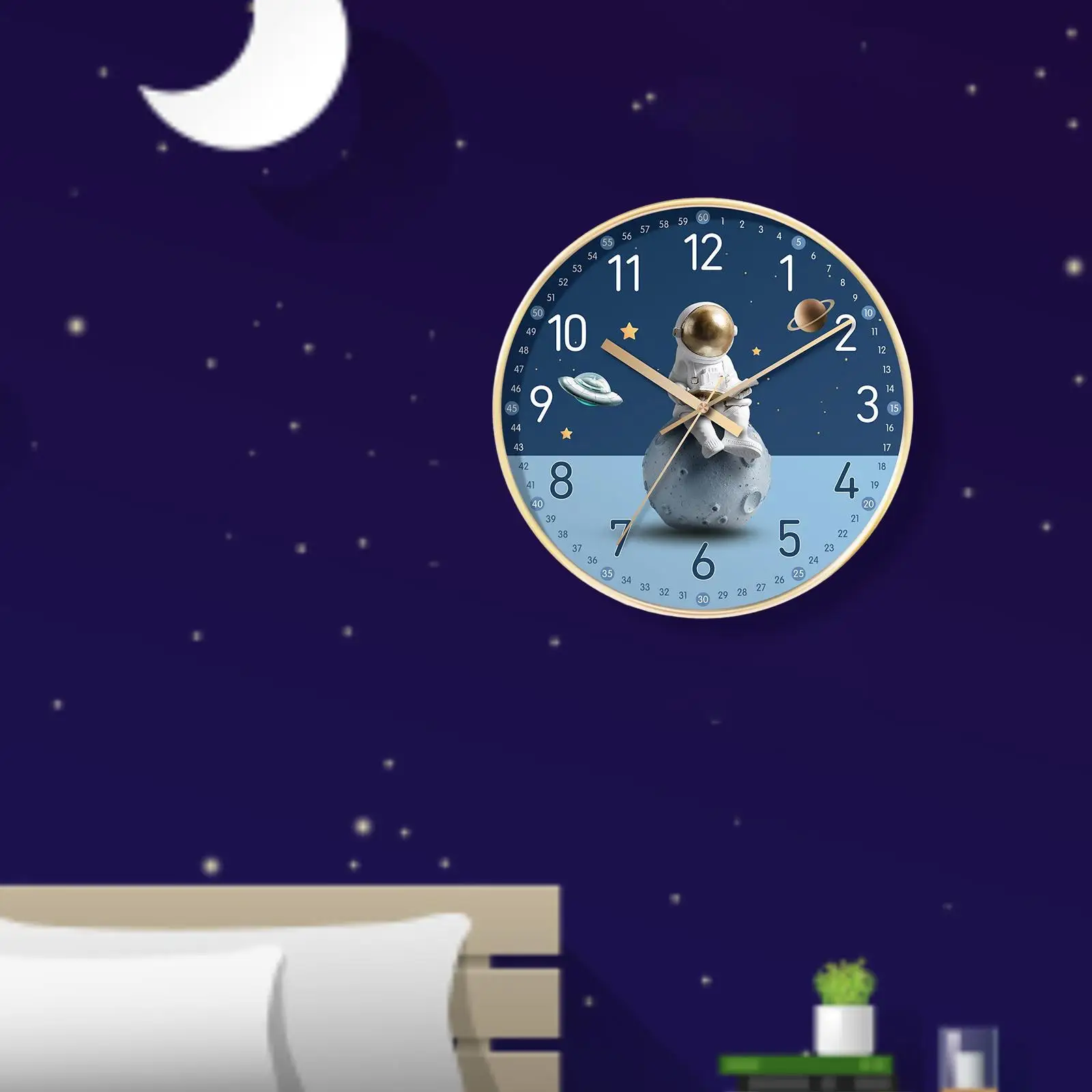 Creative Astronaut Wall Clock Non Ticking Aureate Frame Analog Silent Clock 8