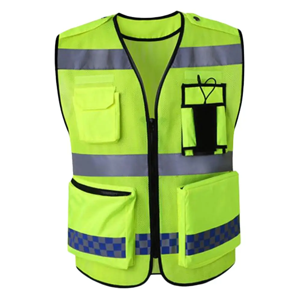 Multi Pockets High Visibility Zipper Front Safety Vest With Reflective Strips, Premium Style-D
