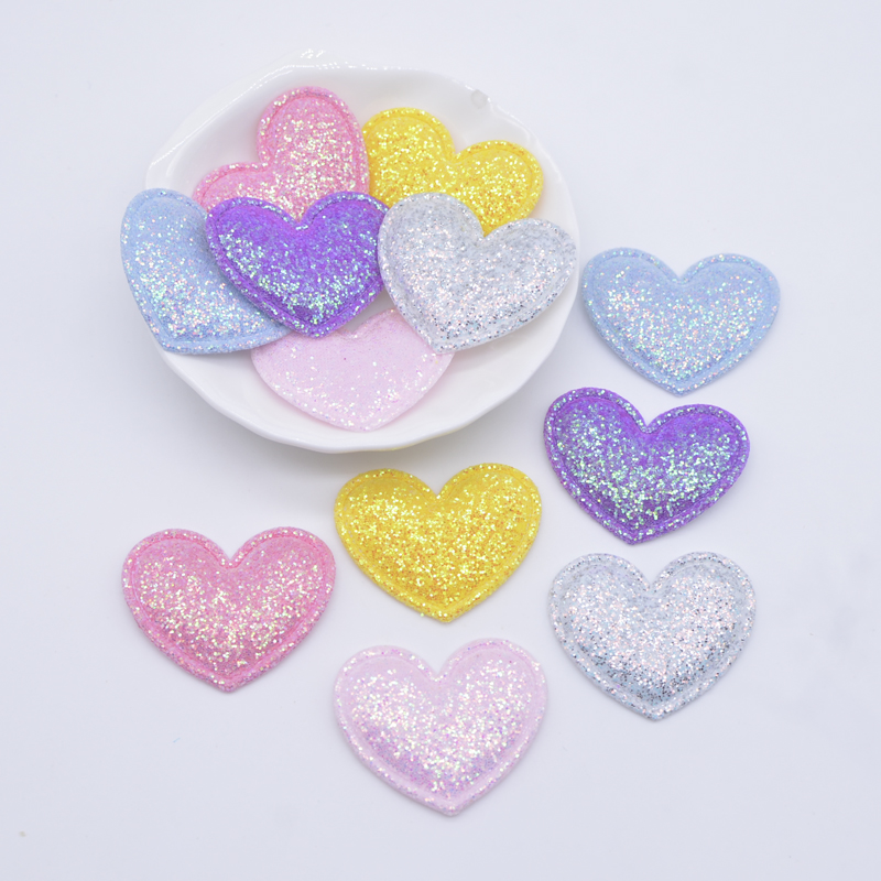 50 Stücke 35*30mm Glitter Stoff Gepolsterte Herz Applikation für DIY Kopfbedeckungen Haarspangen Stirnbänder Dekor Hüte Kleidung Accessoies Patches – Detail 1