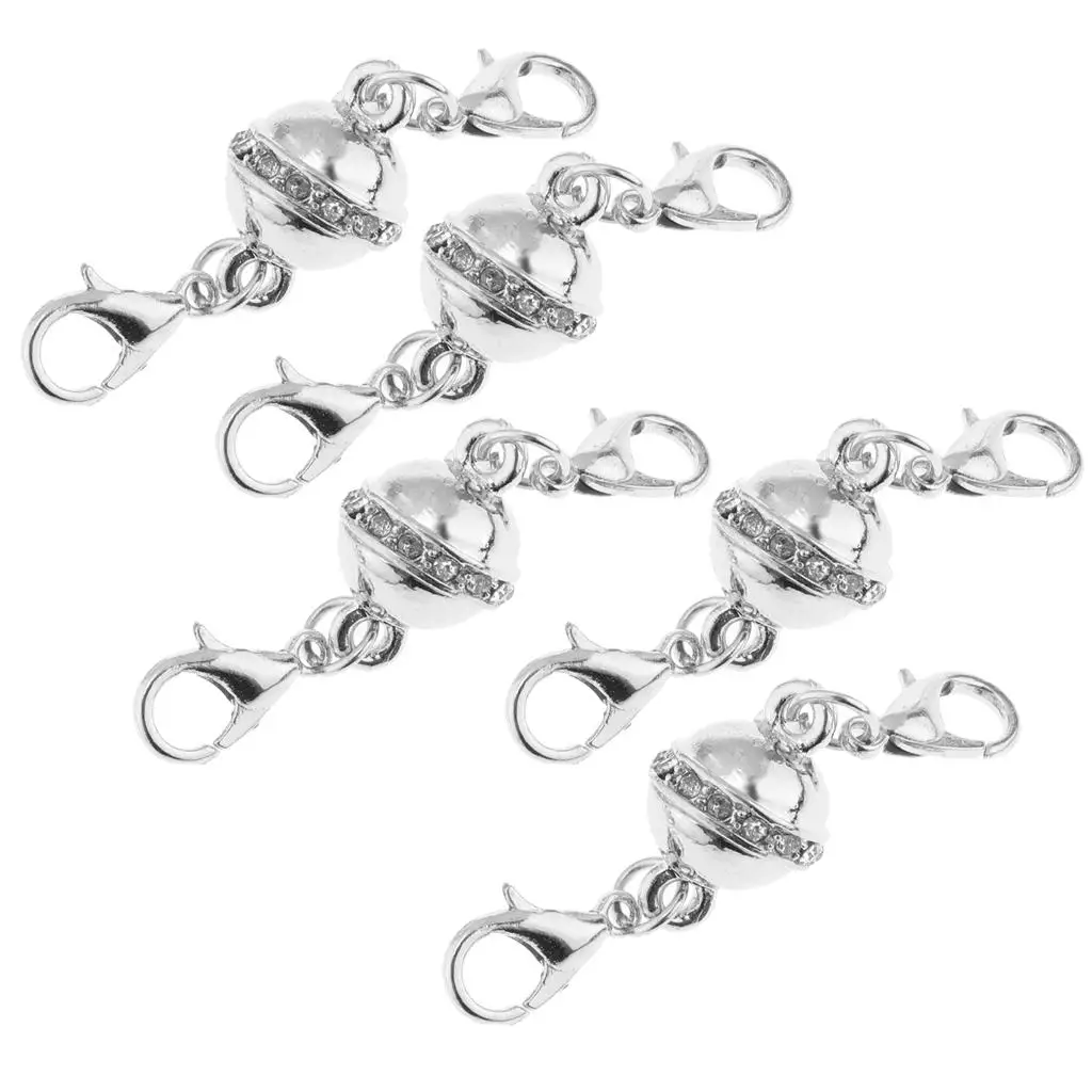 5 Pieces Silver Matic Clasp Rhinestone Ball Style, Lobster Clasp 40x10mm