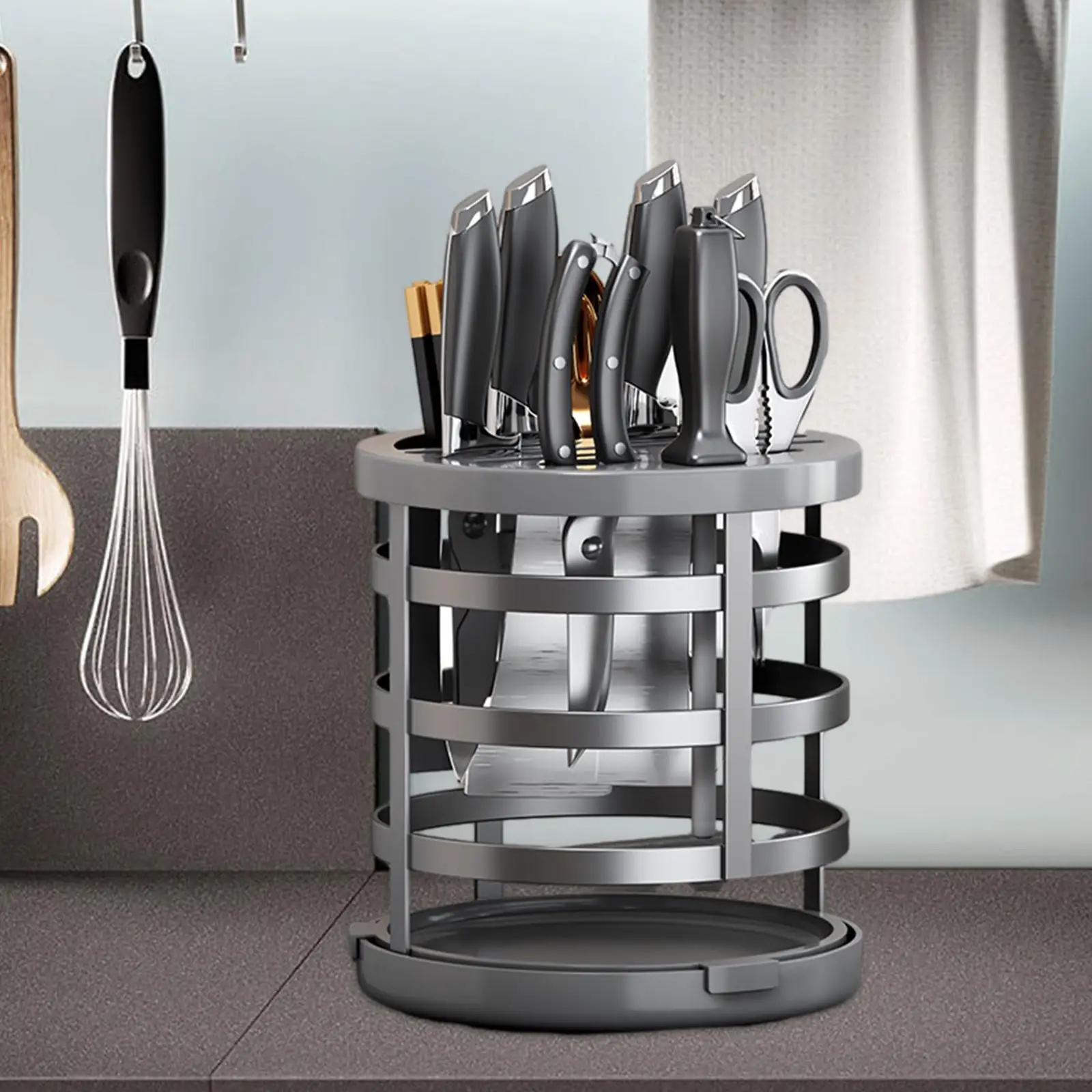 Round Knife Holder Stand Flatware Drying Shelf 360 Degree Rotation Storage Organizer for Restaurant Dining Room Kitchen Counter