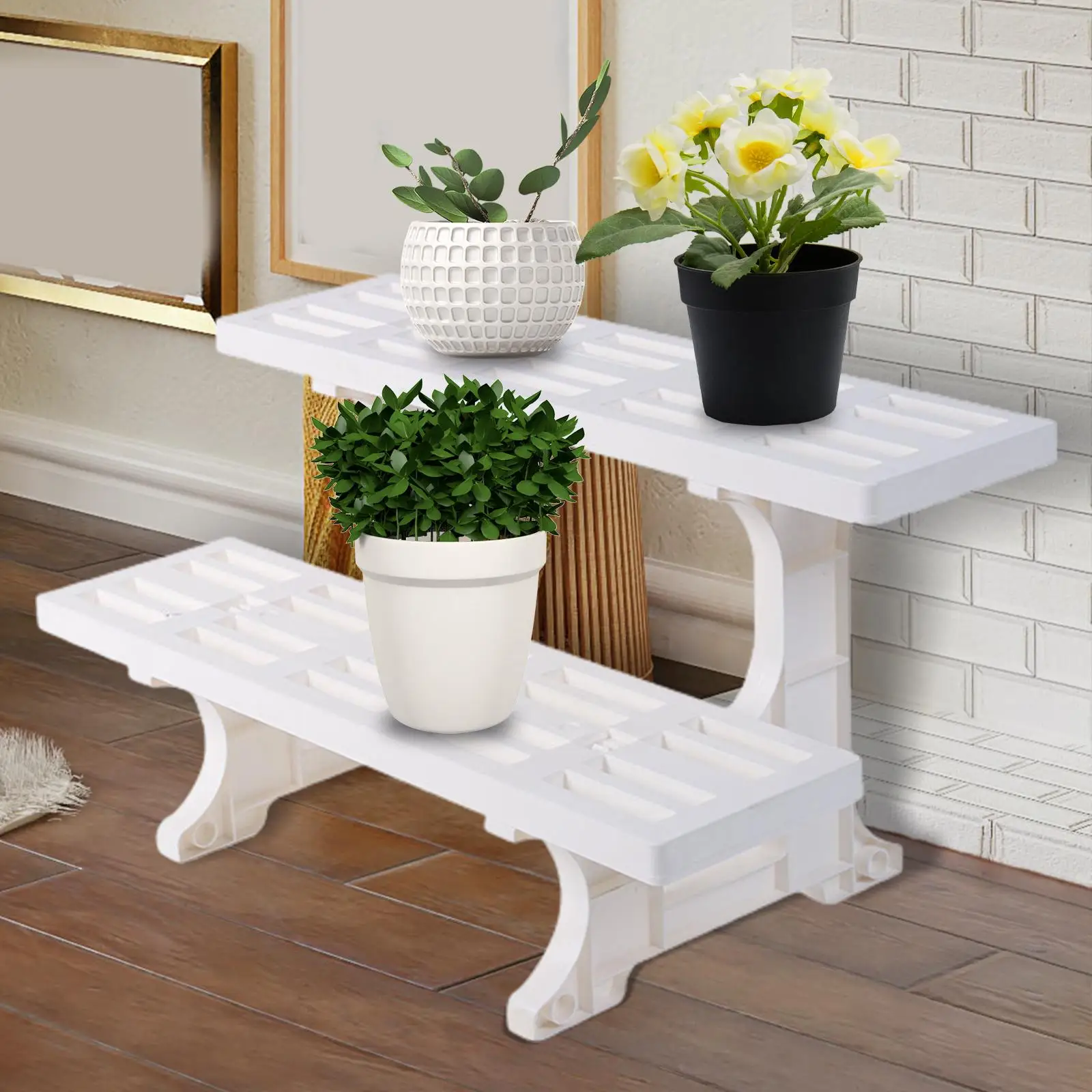White Planter Stand Flower Pot Decoration Ornament Floor Standing Shelf Rectangle Outdoor Planter Rack for Patio Lawn Yard