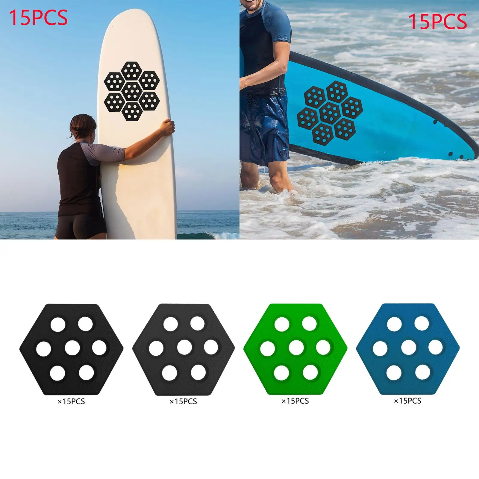 15x Hexagon Surfboard Traction Pads Surfpad Premium Waxless for Skimboards