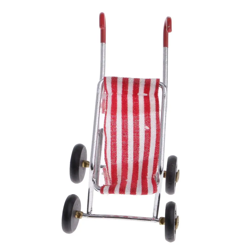 Red Striped Stroller Metal Trolley Accessories /12 Dollhouse Toy Gift for