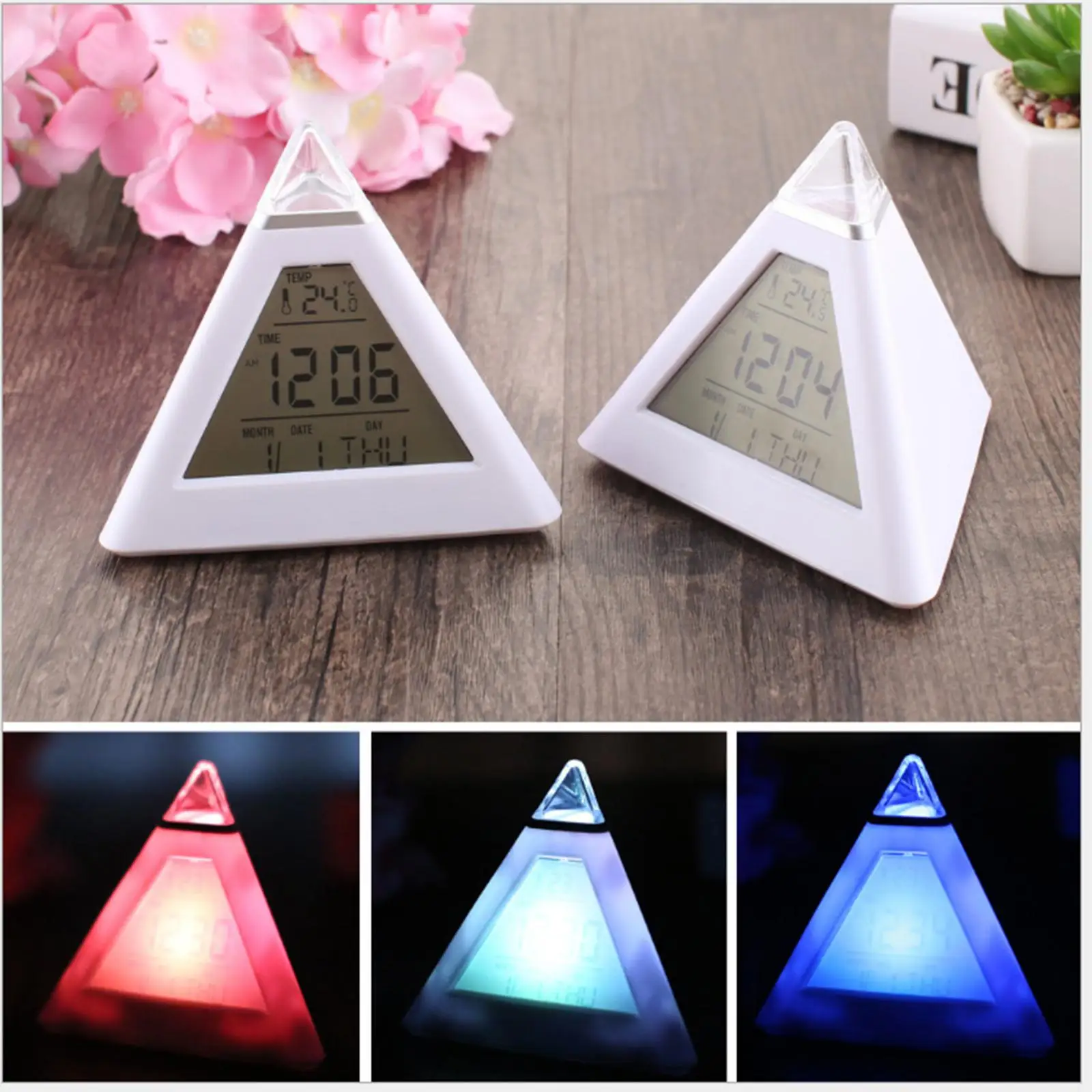 LED Triangle Alarm Clock Decor Changing Color for Xmas Present