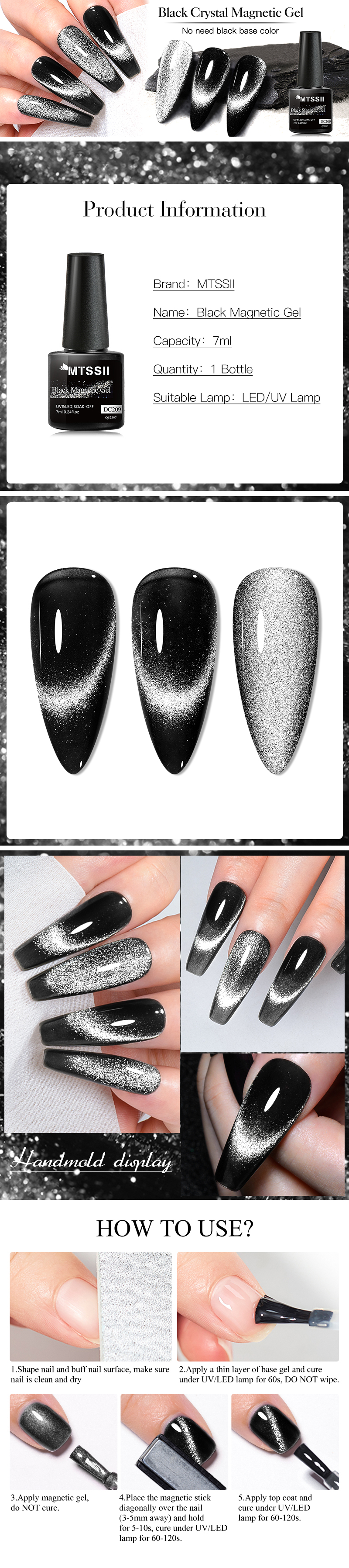 Mtssii 7ML Black Crystal Cat Magnetic Gel Sparkling Glitter Gel Nail Polish Semi Permanent UV Gel Nail Art No Need Base Color