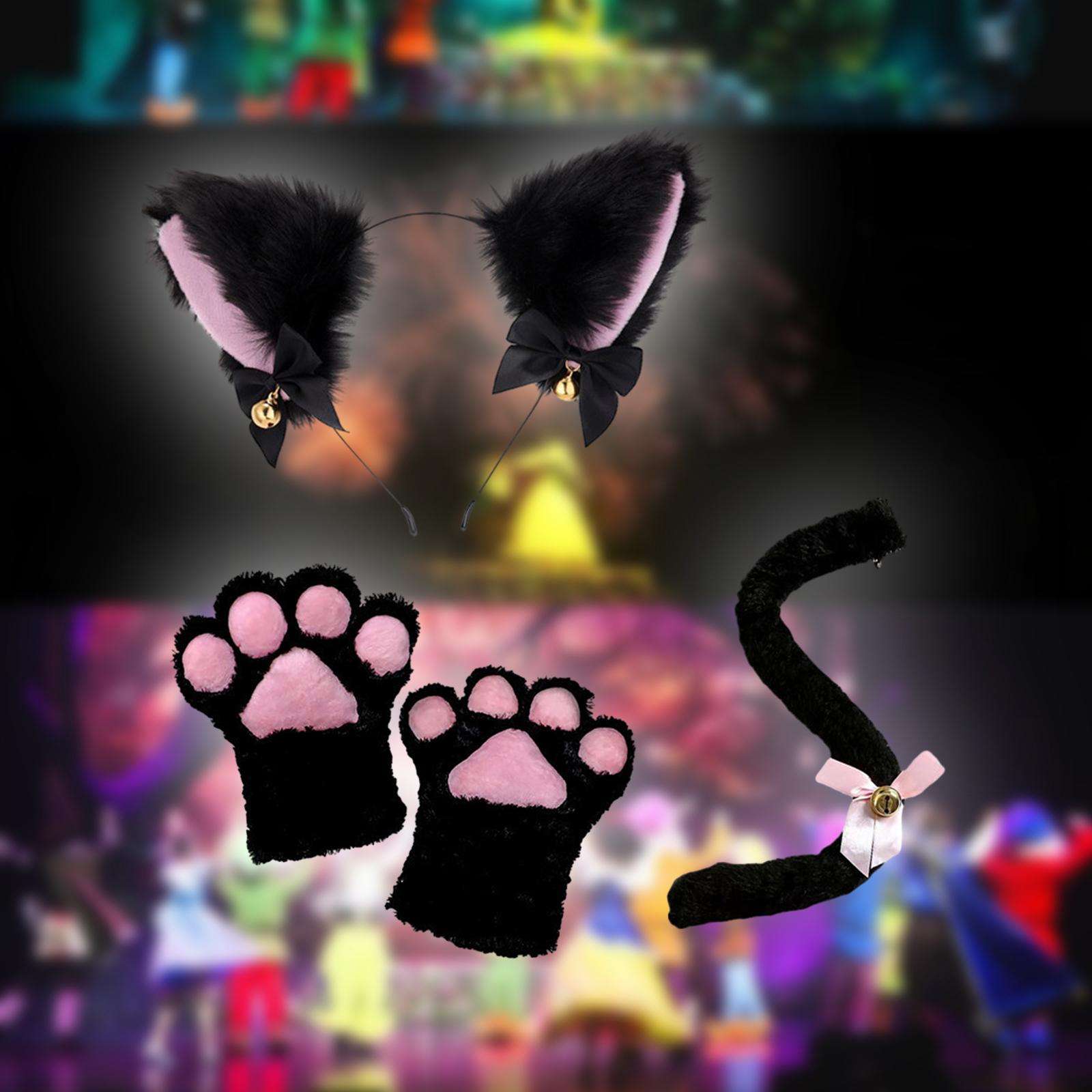 Katzen ohr und Schwanz Pfote Lolita Cosplay Kostüm Set Plüsch Ohr Glocke Stirnband Bowknot Kragen für Karneval Maskerade Festival Requisiten – Detail 1