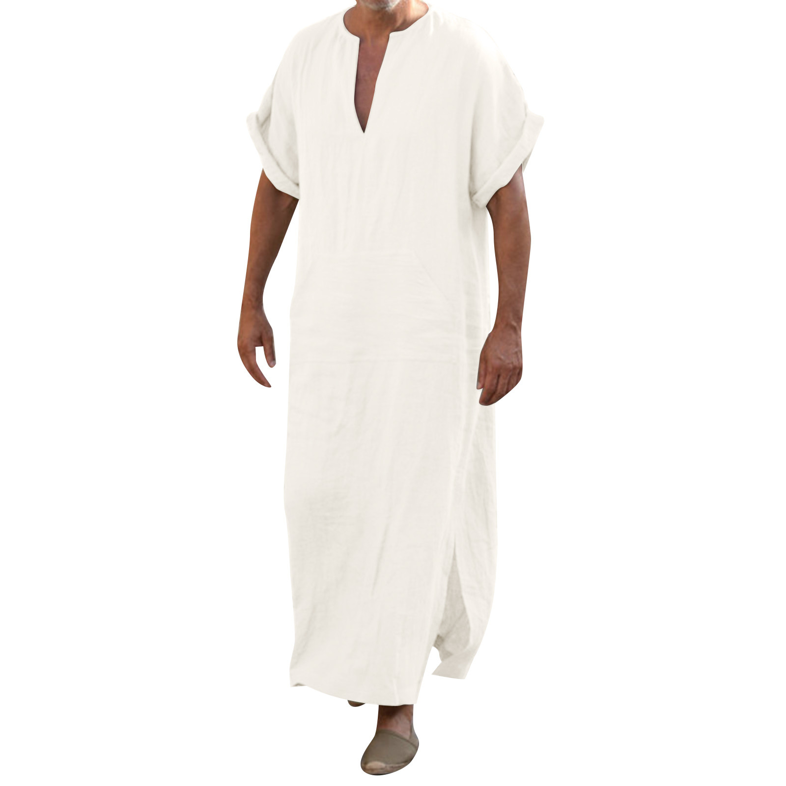 Men Robes Kaftan Muslim Arab Islamic V-Neck Short Sleeve Solid Imitation Linen Retro Vintage Loungewear Kaftan Arabia Man Abaya