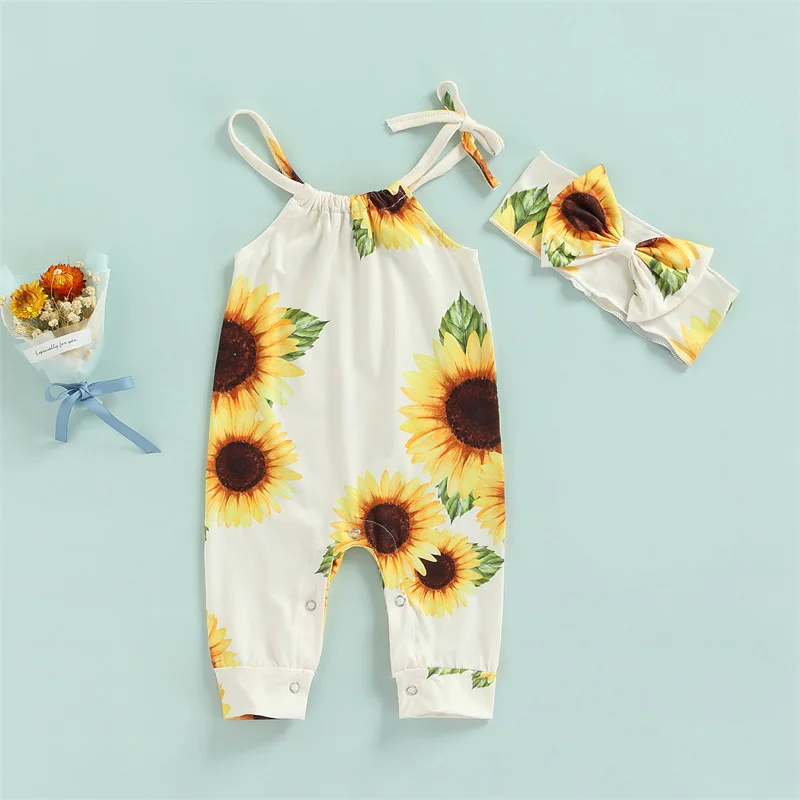 Baby Girls Summer Outfit Infant Sweet Style Sunflower Printing Sleeveless Jumpsuit + Bow Headwear 2 Piece Set small baby clothing set	