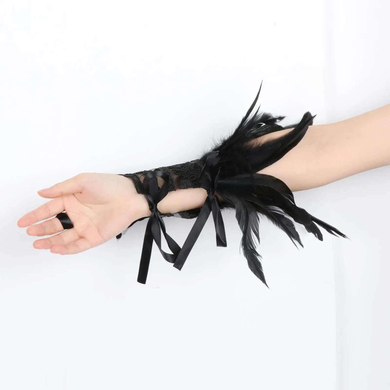 Lace Long Gloves Black Faux Feather Ladies Gothic Mesh Long Gloves for Prom Stage Performance Show Cosplay Women and Girls