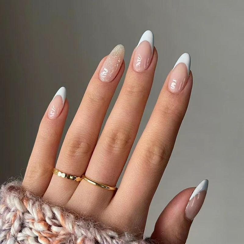 Uñas postizas de almendra de estilo francés blanco con diseños, polvo dorado  brillante, palo en acrílico, arte de uñas falsas, manicura, herramienta de  bricolaje| | - AliExpress