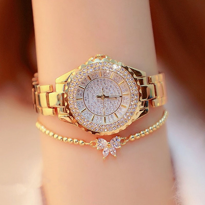 Price Review BS Diamond Watch Women Watches Luxury Fashion Gold Female Wrist Watch Bracelet Set Silver Rhinestone Women Watch Elegant Gifts Online Shop