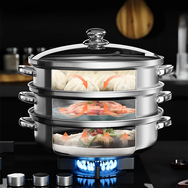 Stainless Steel Cookware, 3 Tier Steamer Steaming Pot Set, Stainless Steel Stockpot Multifunction Super Thick Cookware Pot