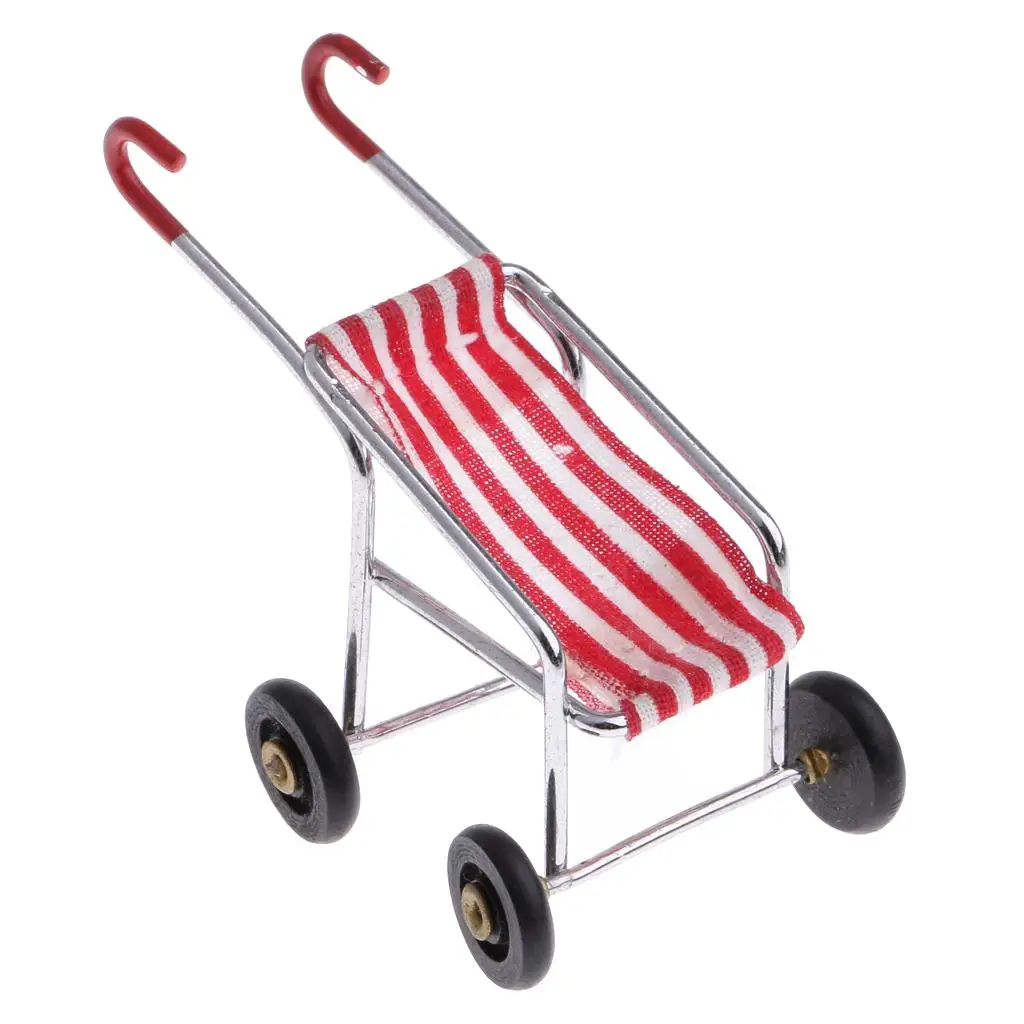Red Striped Stroller Metal Trolley Accessories /12 Dollhouse Toy Gift for