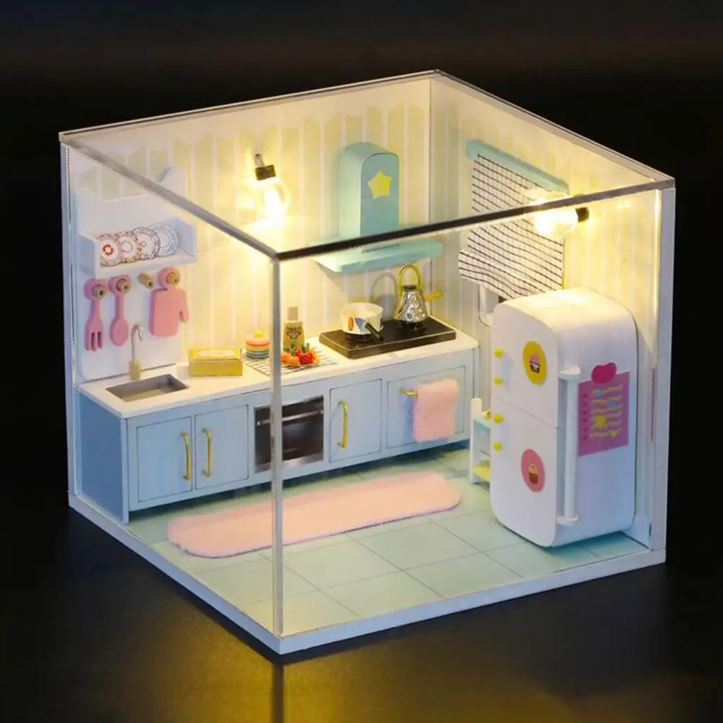 Mini DIY Wooden Dollhouse Miniature with LED Light Dollhouse Model for Kid`s