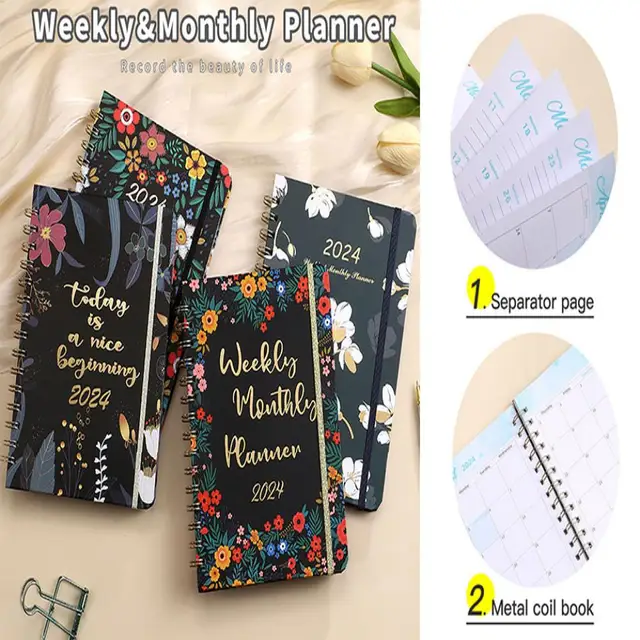 2024 Weekly Monthly Planner 2024 Floral Coil Design Planner Weekly Monthly  Notebook Stationery or School Office Schedule Book - AliExpress