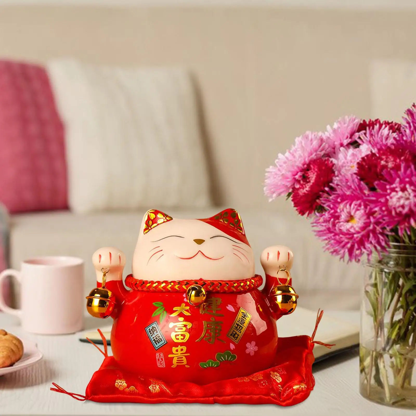 Feng Shui Lucky Cat Money Bank Statues with Bell Crafts Decoration Home Decor Display Ceramic for Desktop Gift Presents Office