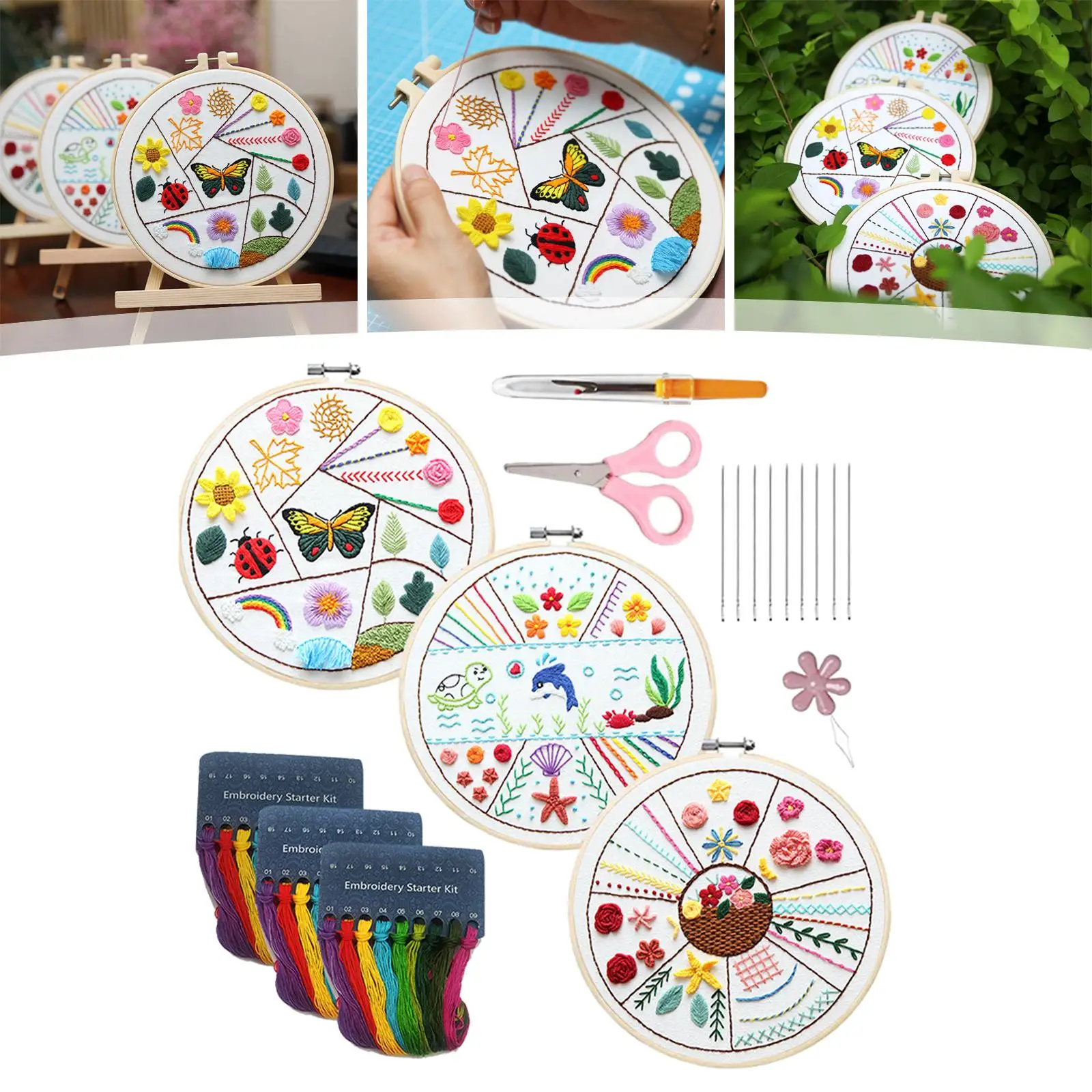 Embroidery Stitch Practice Kit with Pattern Decoration Durable Gift with Embroidery Hoop for Beginners Needlework DIY Practice