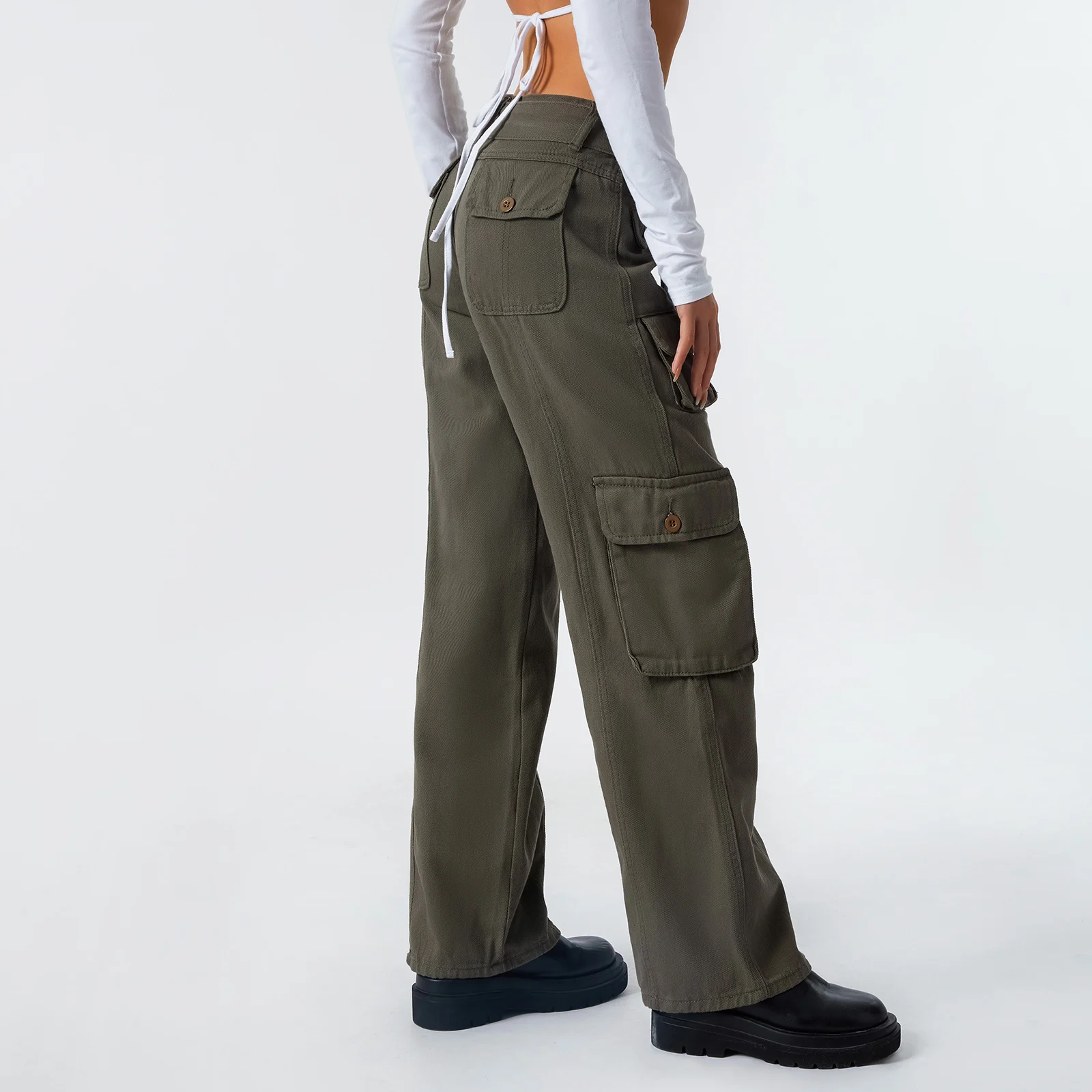 moda feminina cor sólida cintura alta solta retro perna larga reta jeans estilo coreano casual multi bolso rua jeans