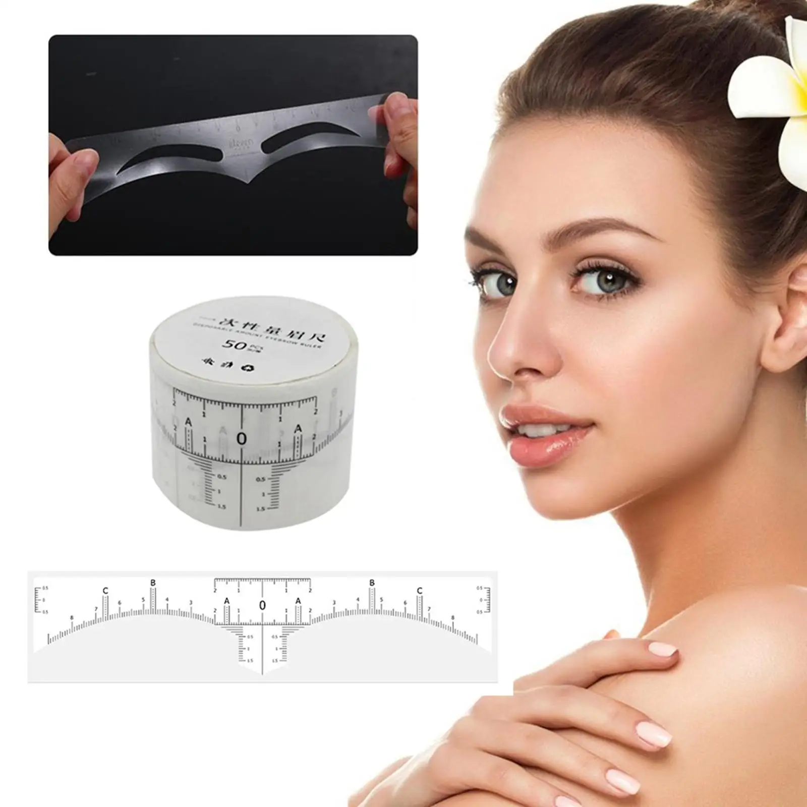 50Pcs/Roll Disposable Eyebrow Ruler Sticker Adhesive Makeup Tool Symmetrical Plastic Template Eyebrow Shaper for Beginners Women