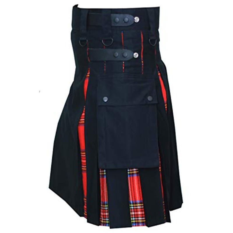 Kilts-Männer Plus Size Scottish Hybrid Black Cotton & Tartan Utility Kilts mit Lederriemen Kilts für Männer – Detail 7
