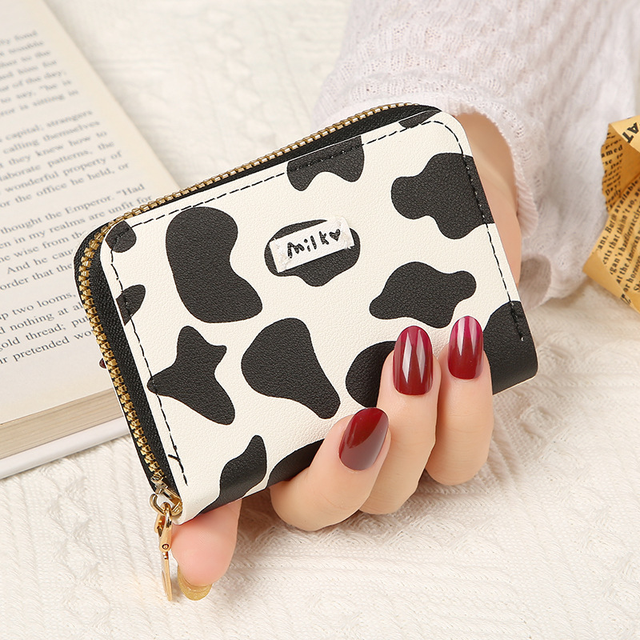 Fkelyi Pink Cow Print Zipper Wallets for Women and Girls,Credit Cards Phone Purse Pouch,Debit Cards Card Holder Organizer Wallet for Travel and Office