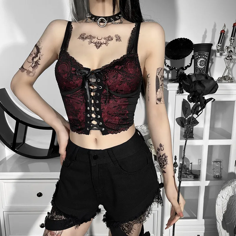 E-girl Dark Academia Corset Cami Top Sexy Front Hollow Out Bandage Lace Trim Backless Cropped Harajuku Grunge Women Clothes