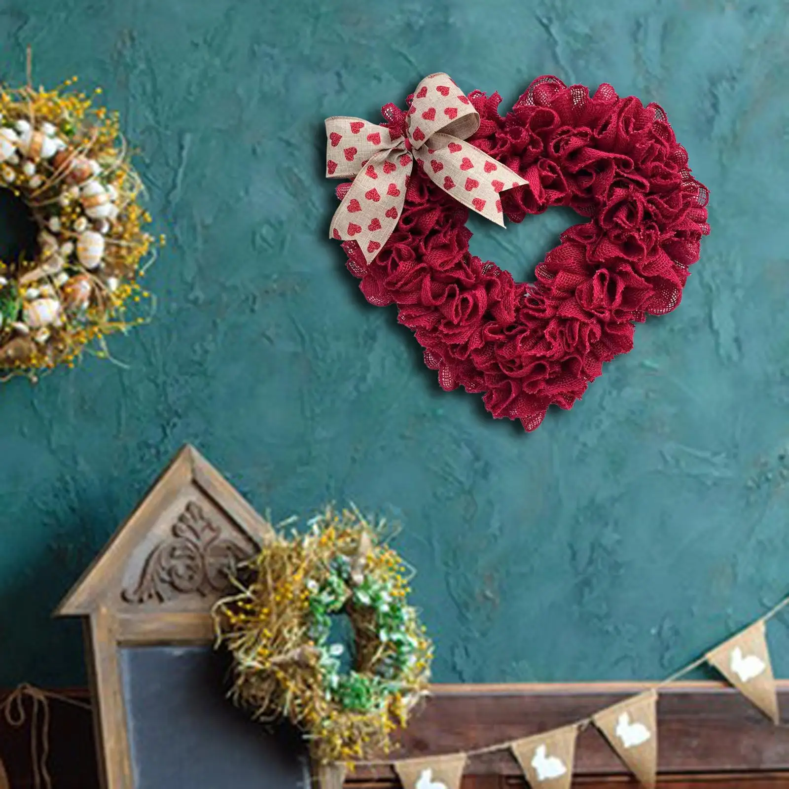 15.75`` Valentines Day Wreath Door Hanging Heart Wreath Ornaments Pendant Garland for Wedding Garden Porch Decor Party Supplies