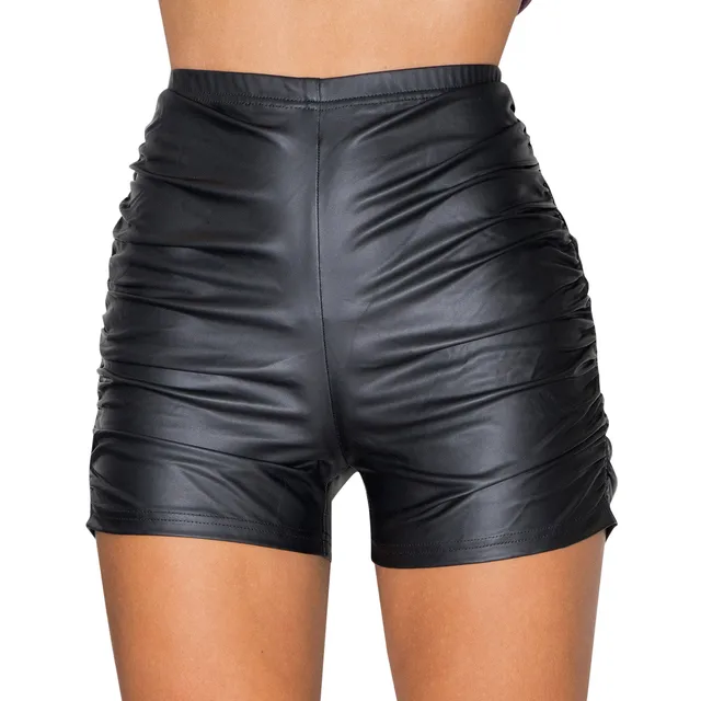 Pantalones cortos de piel sintética para mujer, cintura alta, pierna ancha,  color negro, sexy - PrecalExport