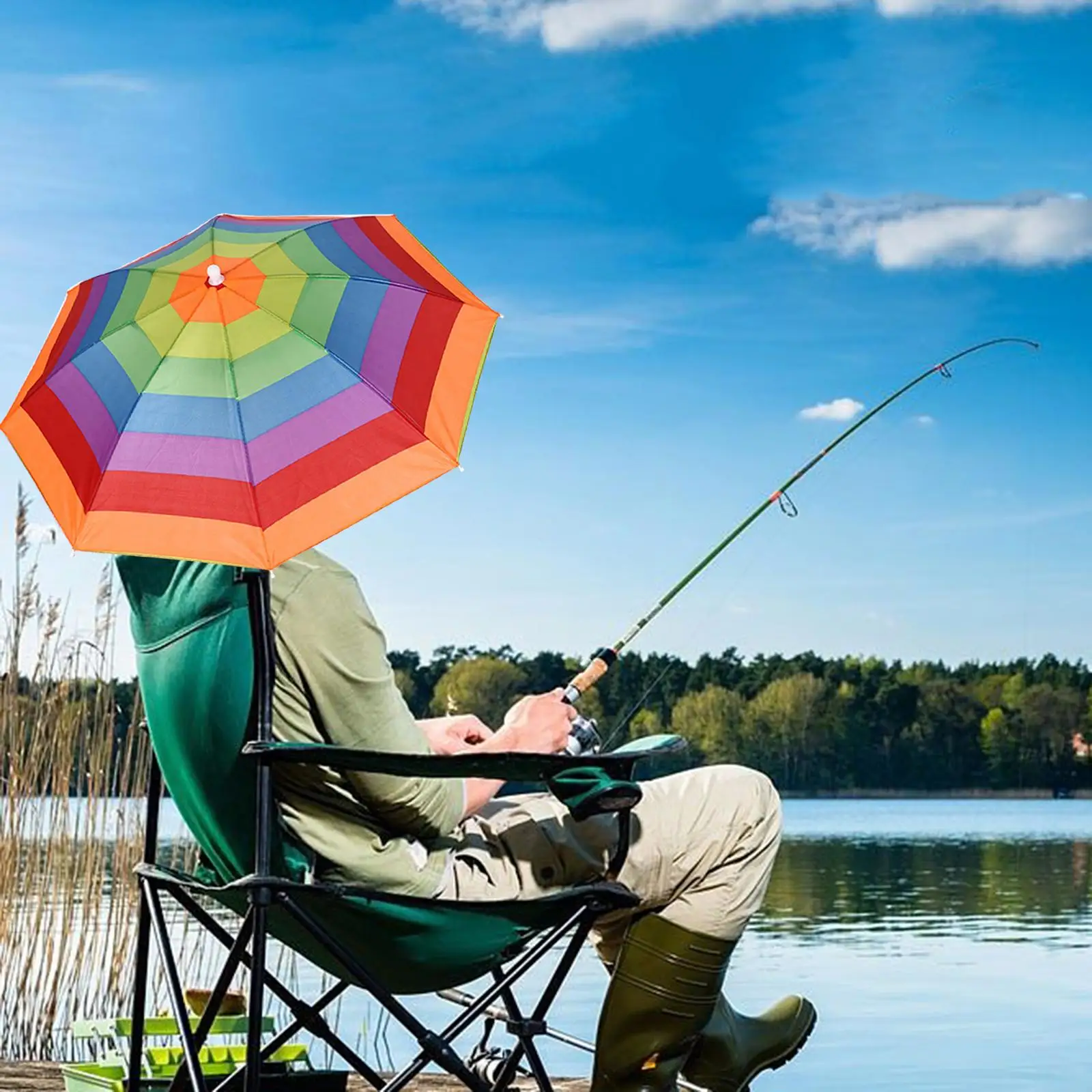 Rainbow Umbrella Hat 21.7inch Folding Rain Caps Sun Protection Fishing Umbrella Hats for Golf Hiking Outdoor Gardening