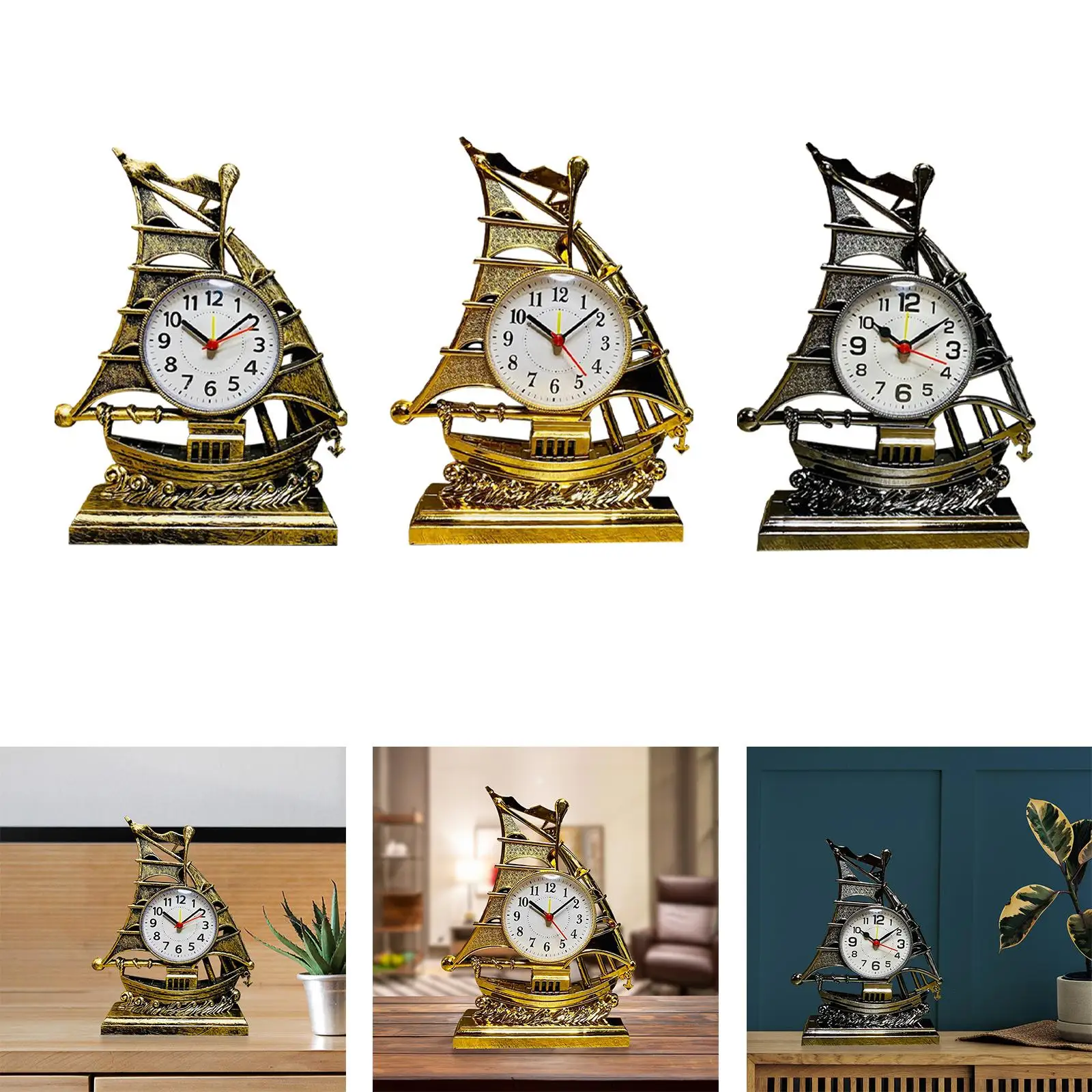 Desk Clock Ornament Sailing Sculpture Alarm Clock Table Clocks Bedside Clocks for Bedrooms Office Living Room Kids