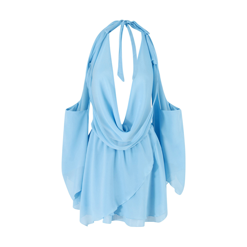 Vestido Y2K de verano para mujer, color liso, con cuello colgante, hombros descubiertos, fruncido, manga larga, espalda descubierta, corto, para discoteca