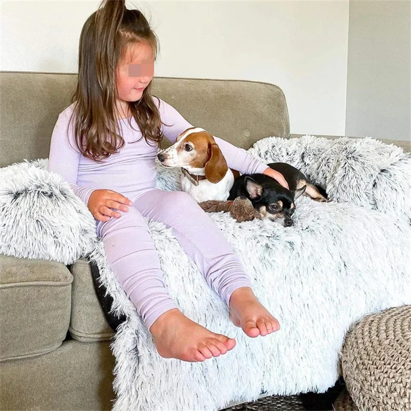 Una niña sentada en un sofá con una manta blanca y esponjosa. Lleva un traje morado y tiene el pelo peinado con una trenza. La niña mira a un perro que yace en el sofá junto a ella.