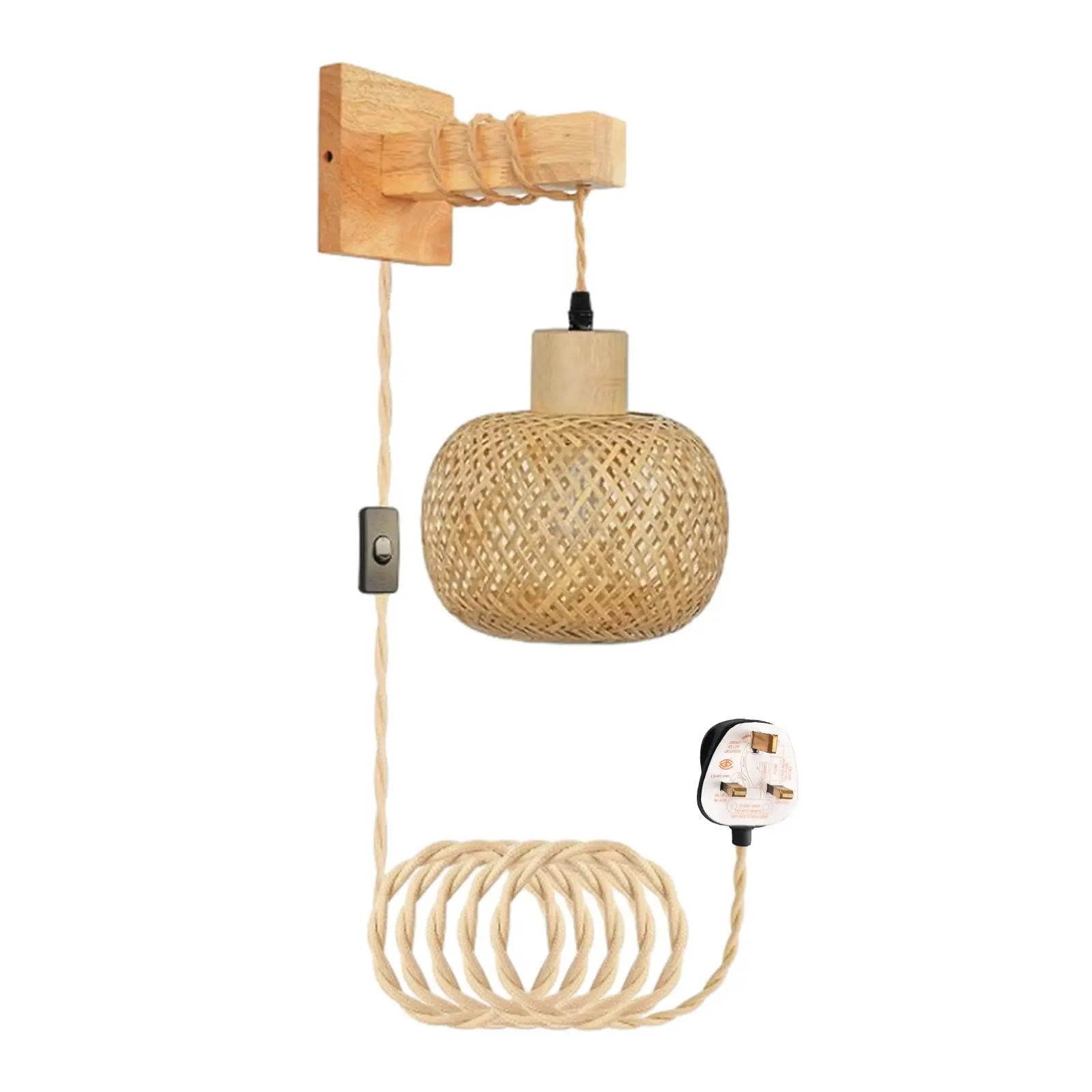 Bamboo Wall Sconce Boho Decor Rustic Plug in Pendant Light Farmhouse Hanging Lamp for Stairs Kitchen Balcony Home Reading