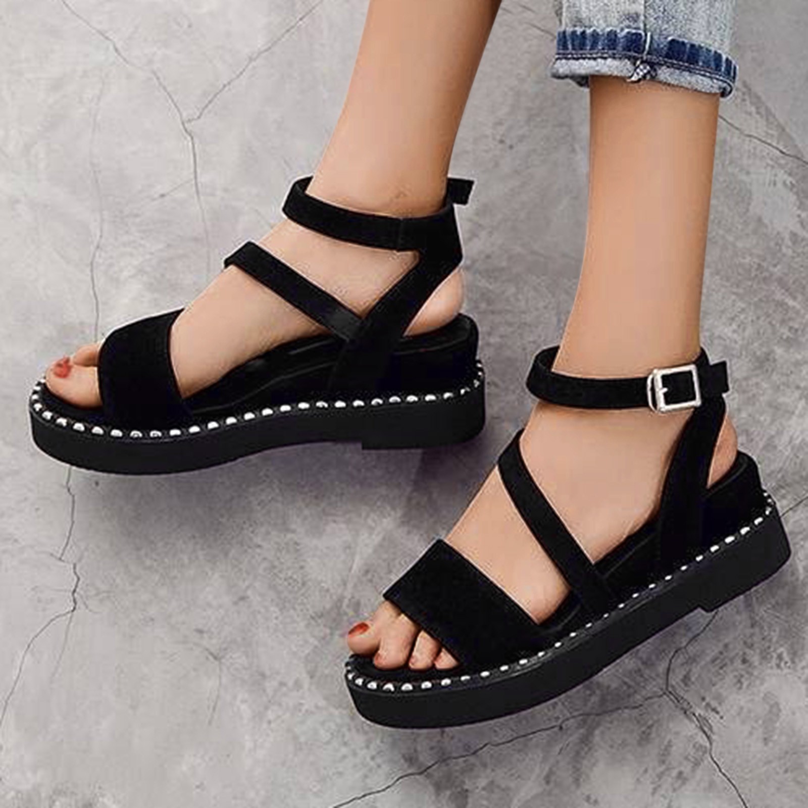 Flock Buckle Black Strap Fashion Flat Sandles for Women Summer Platform  Sandals Shoes Women's Sandalias Woman Womens Beach Shoe | АлиЭкспресс