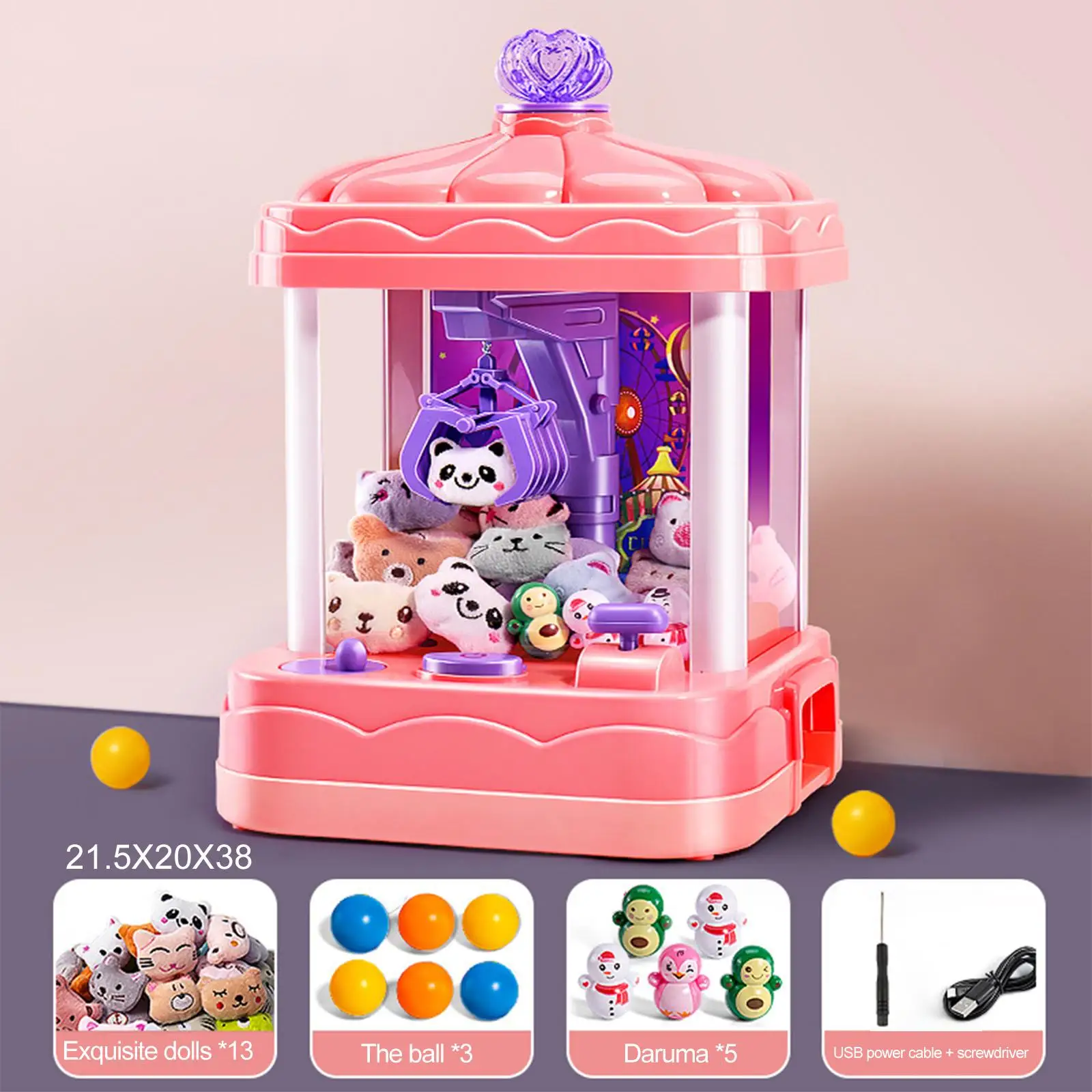 Children Claw Machine Doll Machine Claw Toy Two Power Supply Modes , 360 Degree Rotating Joystick Control DIY Play Game Safe