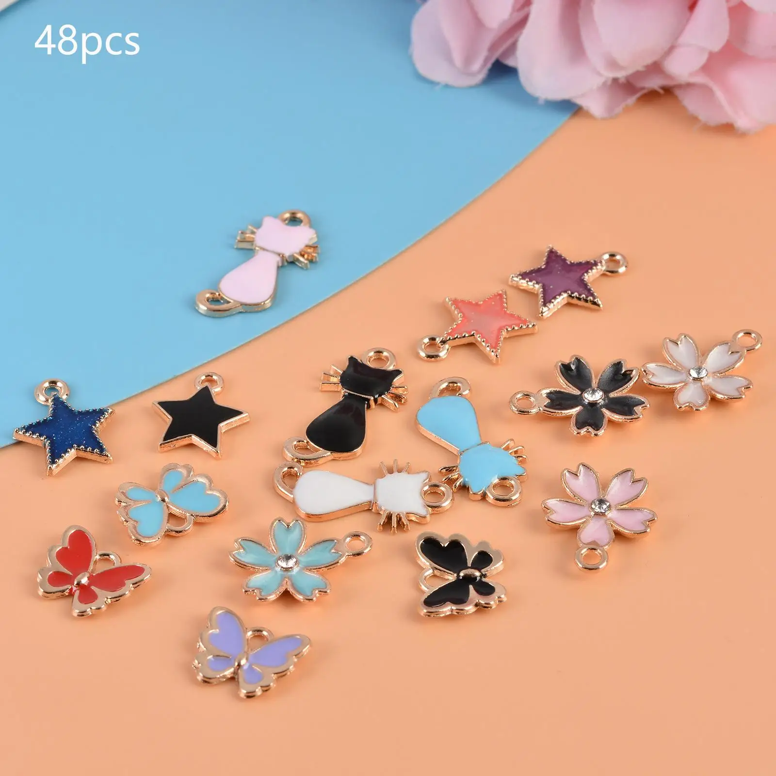 48Pcs Women Assorted Enamel Charms Butterfly Star Flower Cat Charm Pendants DIY Necklace Bracelet Earring for Jewelry Making