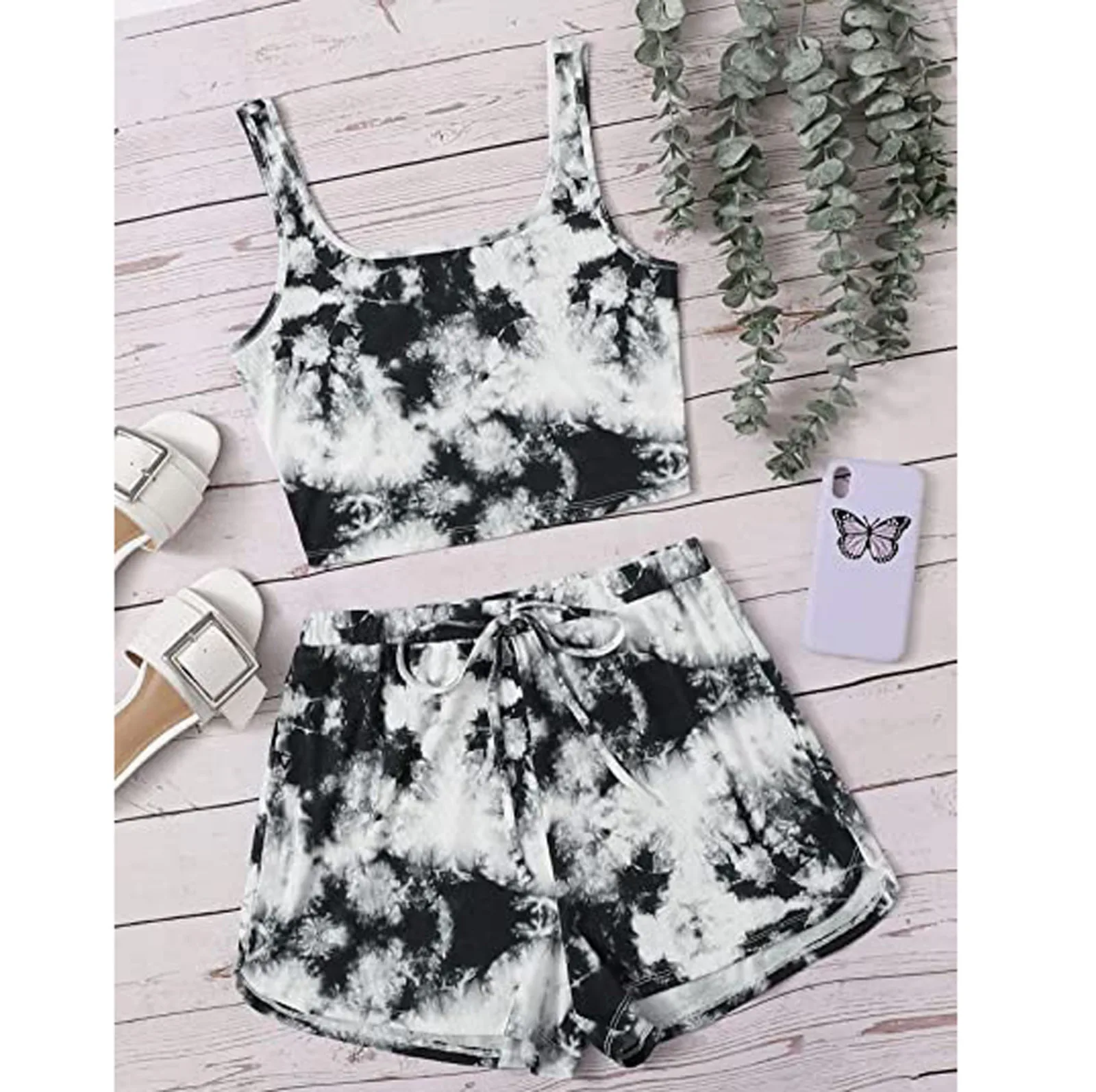 cute two piece sets 2PCS/Set Sexy Women Sleeveless Tie Dye Strap Bustiers Tank Vest Crop Tops Lace Up High Waist Shorts Trousers Tracksuit Summer two piece skirt set