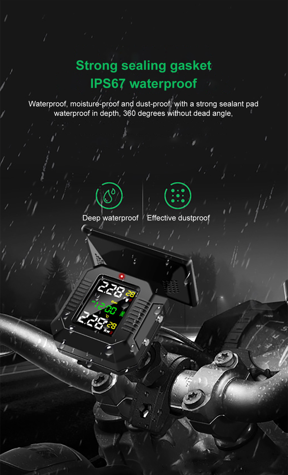 Motorcycle TPMS Tire Pressure Monitoring System 2 Tyre Pressure External Sensors Solar Power TPMS Tire Pressure Alarm Monitor 16