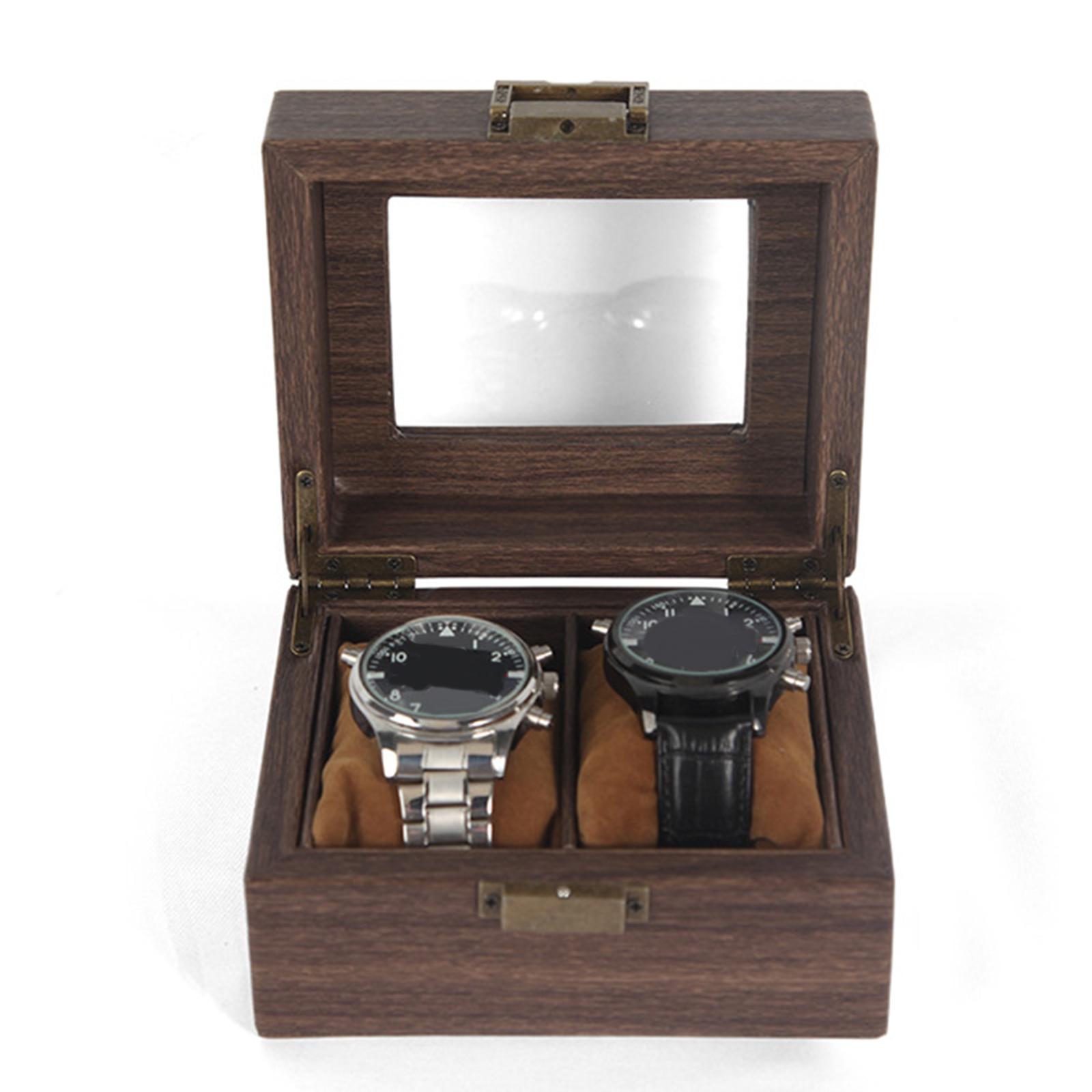 Watch Display Case and Lock Wood Vintage with Glass Top 2 Slot Jewelry Organizer Wrist Storage Box for Gifts Men Women